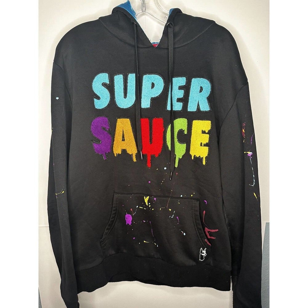 Makobi Super Sauce Hoodie Jacket Embroidered Patch Black Size Large Paint Splat